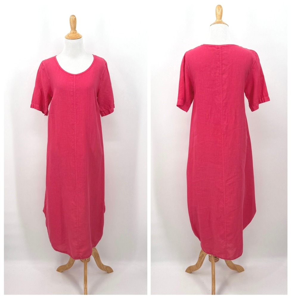 OSKA Linen Midi Dress Womens 4 6 Pink Short Sleeve Loose Flowy Travel Lagenlook